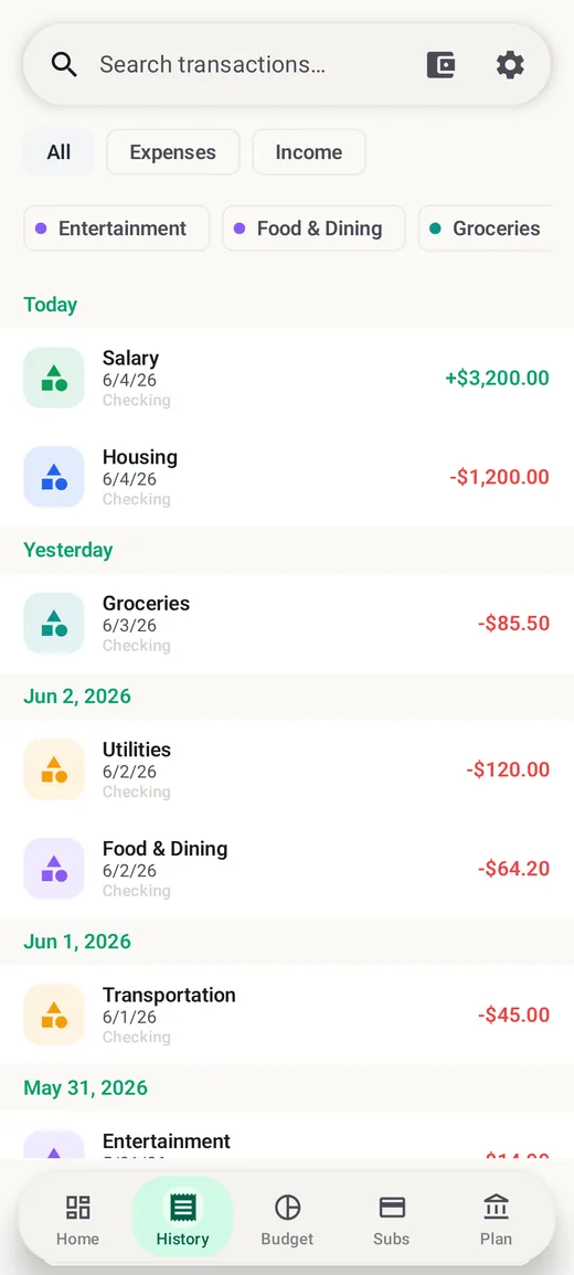 BudgetVault transaction history