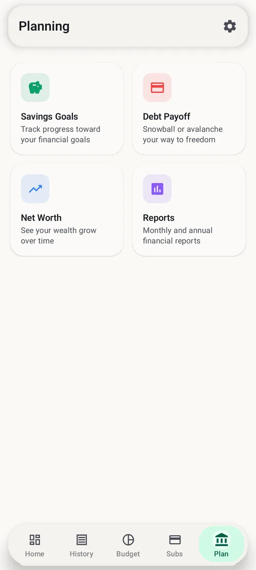Financial planning screen in BudgetVault