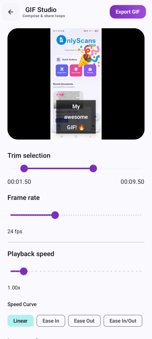 GifLab editor with trim timeline and captions