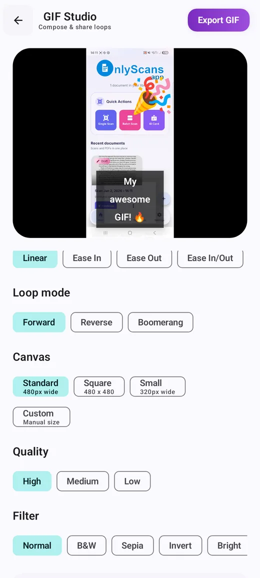 GifLab editor showing loop modes and export options