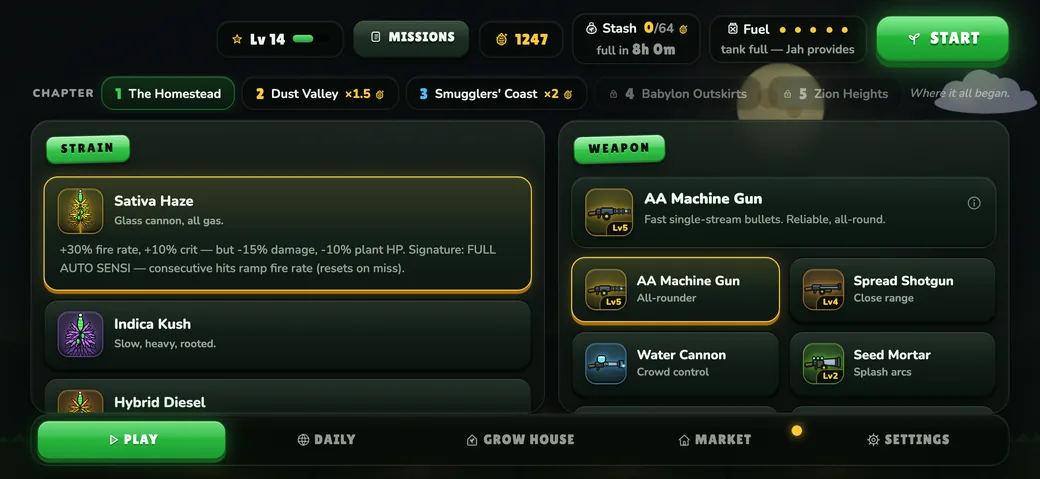 Grow Guerrilla menu for choosing a strain and weapon before a season