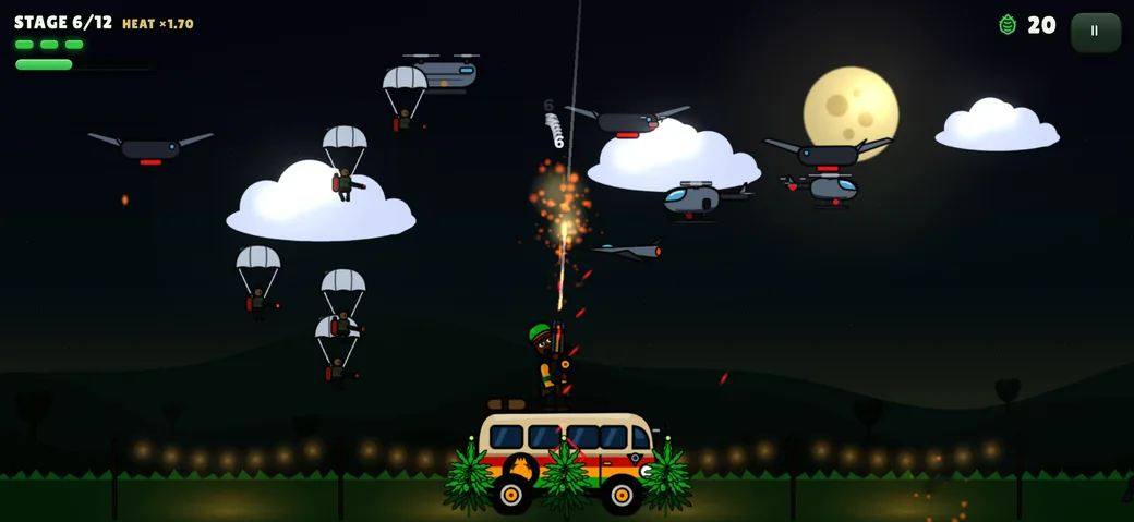 Grow Guerrilla gameplay: the farmer on the bus shooting at paratroopers and helicopters at night