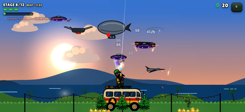 Grow Guerrilla sunset stage with blimps, jets and saucers attacking the crop