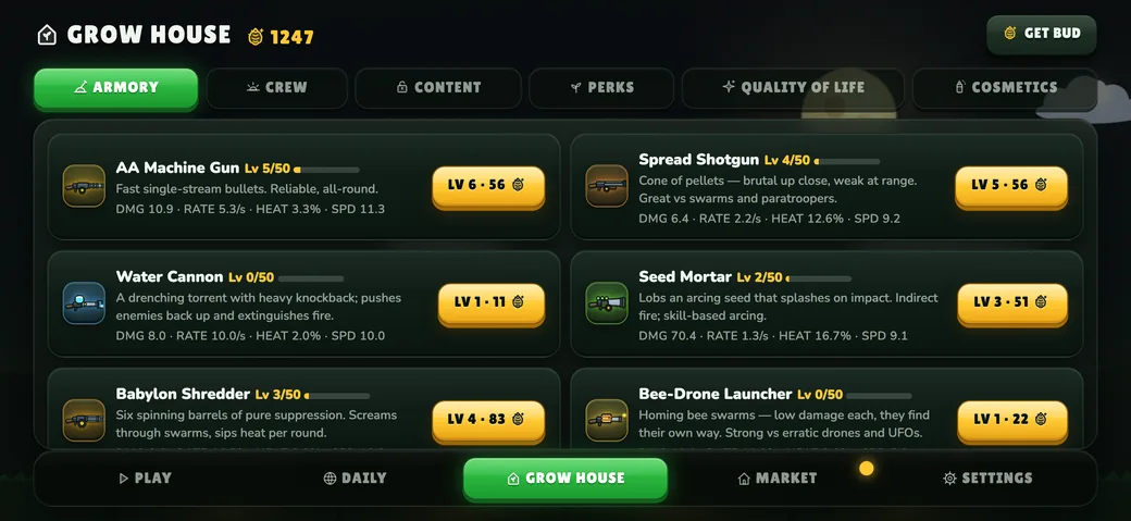 Grow Guerrilla Grow House armory with weapon upgrades and stats