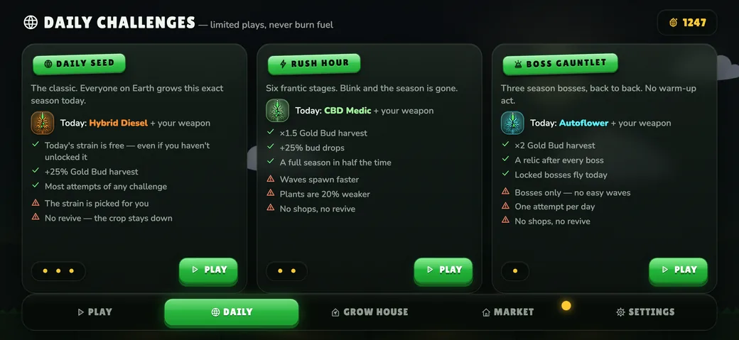 Grow Guerrilla daily challenges: Daily Seed, Rush Hour and Boss Gauntlet