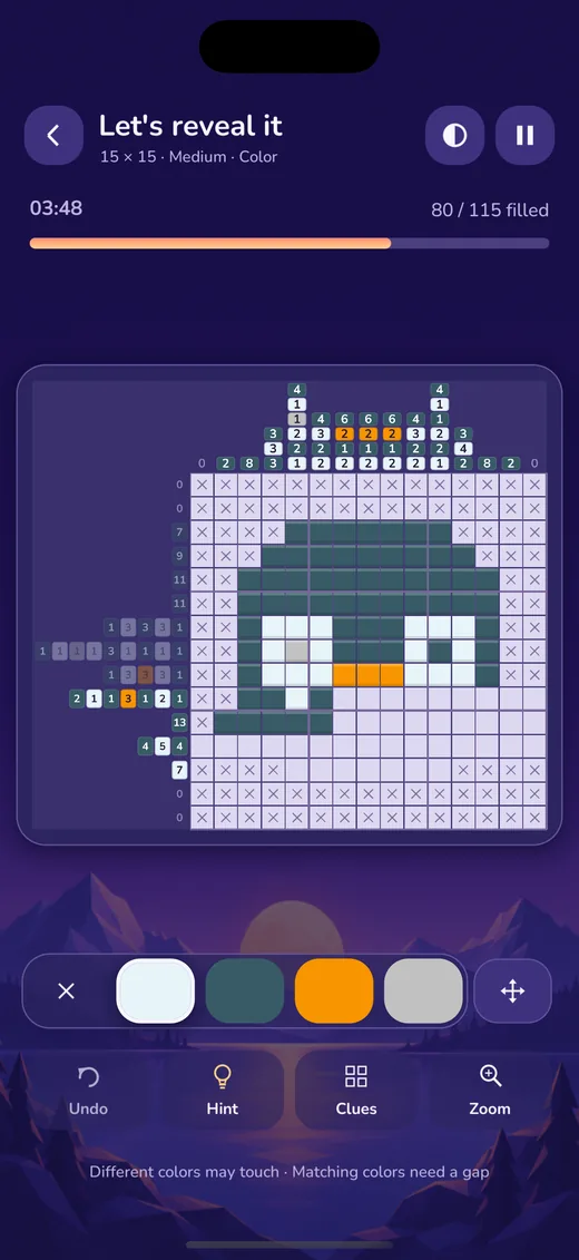 Solving a 15×15 color nonogram in NonoPop with number clues, color palette, hints and undo