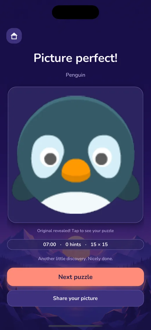 Finished NonoPop puzzle revealing a penguin picture