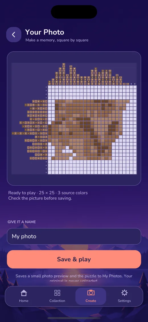 A pet photo turned into a 25×25 color nonogram preview in NonoPop