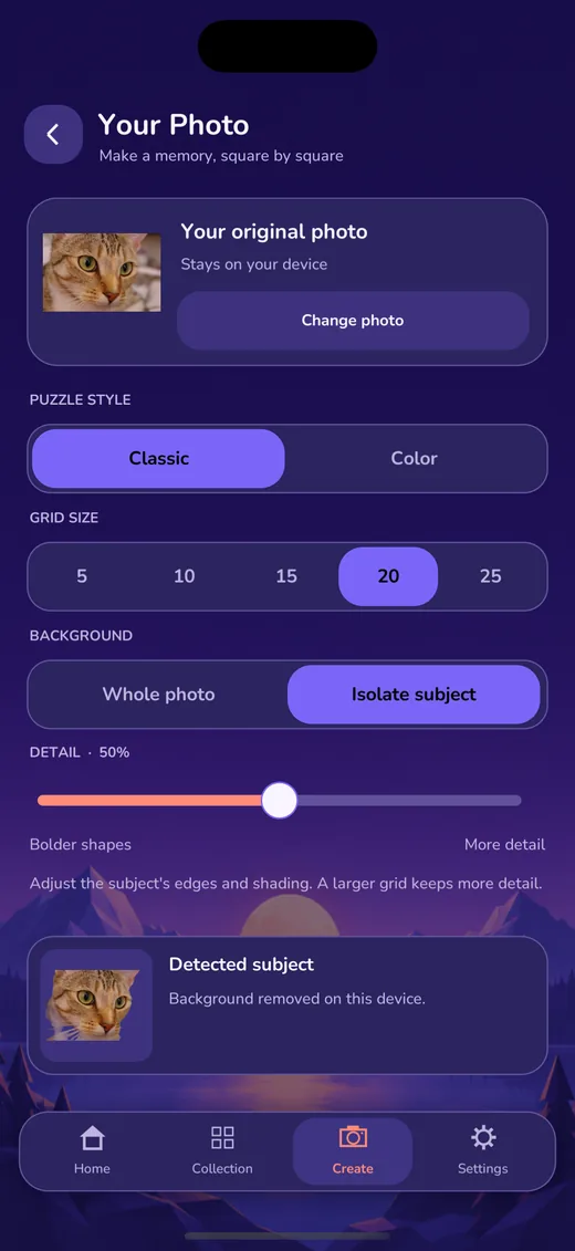 NonoPop photo puzzle editor with classic or color style, grid size from 5 to 25 and detail slider