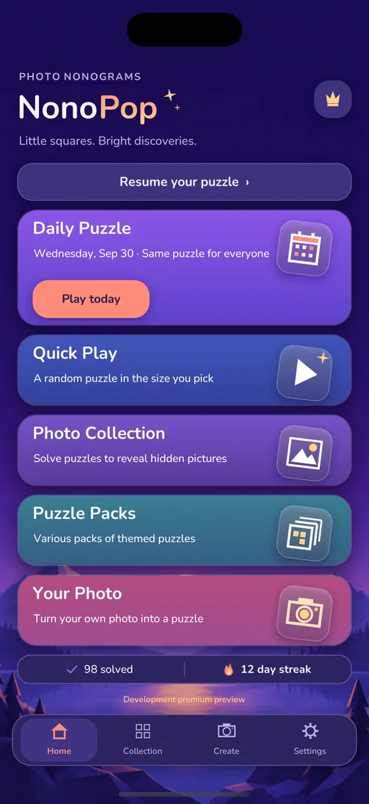 NonoPop home screen with Daily Puzzle, Quick Play, Photo Collection, Puzzle Packs and Your Photo
