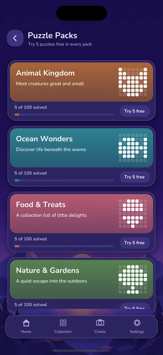NonoPop themed puzzle packs including Animal Kingdom, Ocean Wonders, Food and Treats and Nature and Gardens