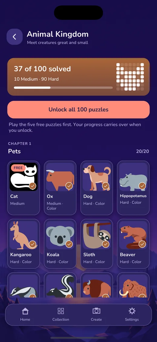Animal Kingdom pack chapter in NonoPop with puzzle thumbnails and difficulty labels