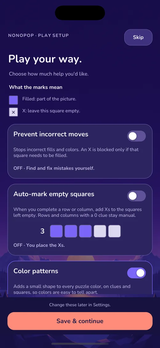 NonoPop play settings: prevent incorrect moves, auto-mark empty squares and color patterns